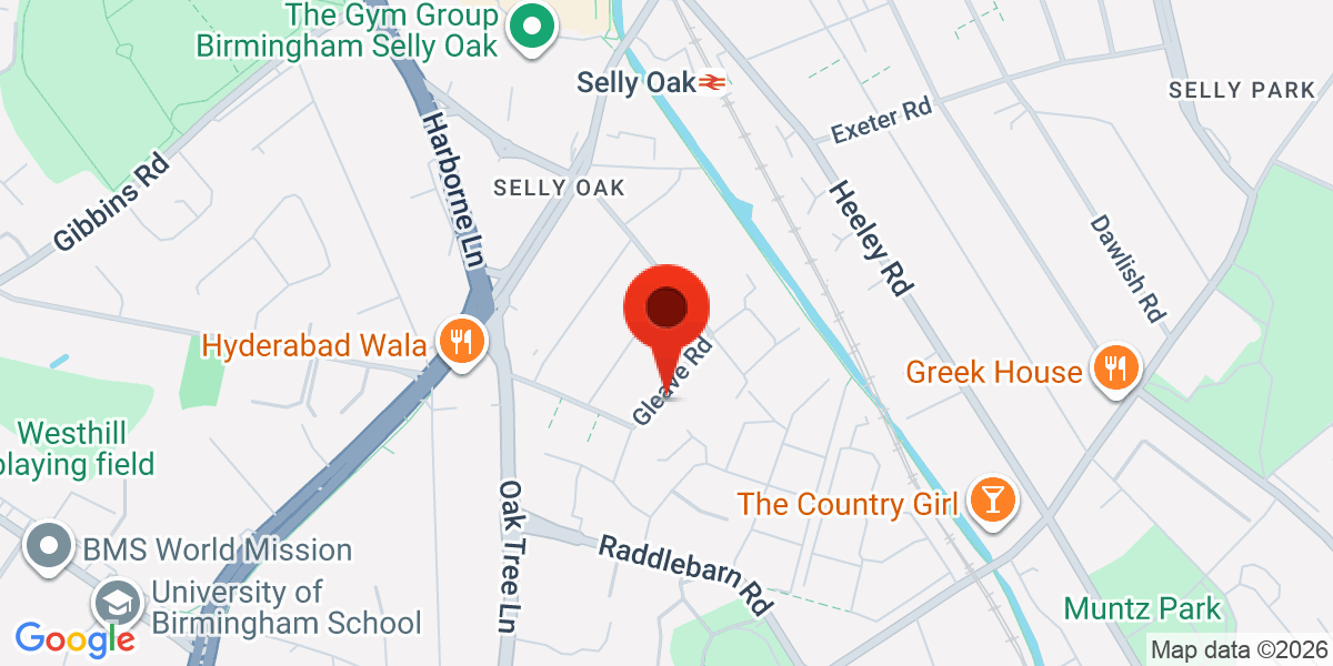 Map of Gleave Road Selly Oak, Birmingham, West Midlands, B29