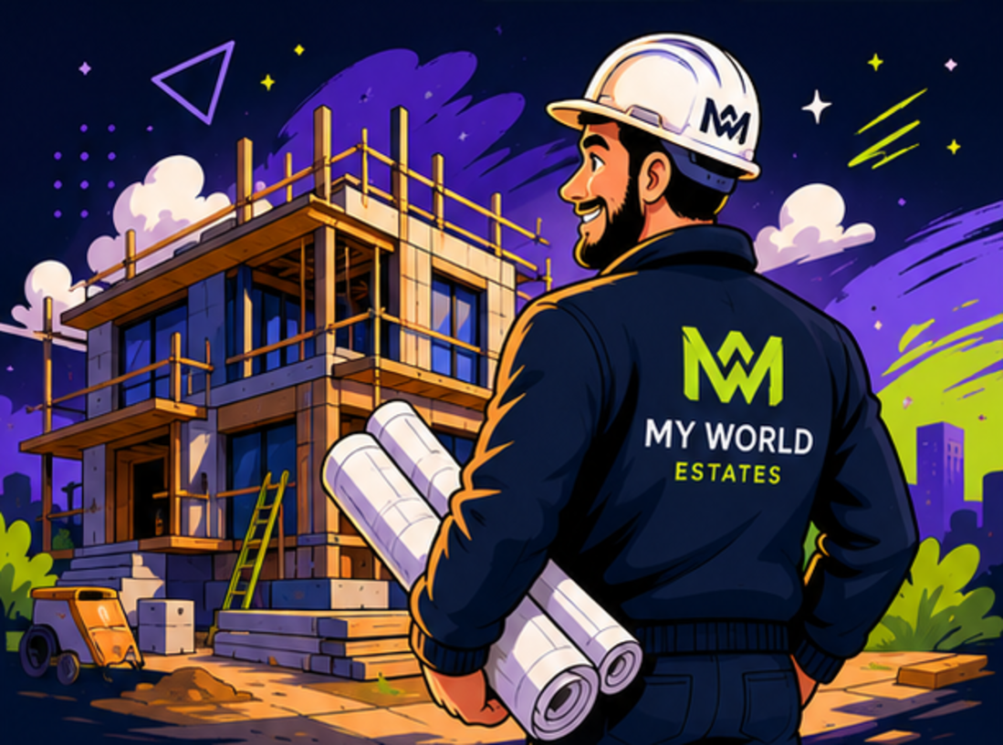 Illustrated My World Estates property investor in a safety helmet beside a house under construction